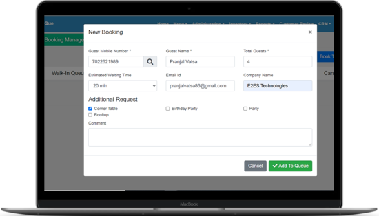 Restaurant Table booking queue management